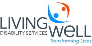 Orange and Blue lettering of Living Well Disabilities Logo with "transforming lives" beneath