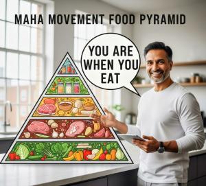 A smiling man in a kitchen gestures toward an inverted food pyramid labeled "MAHA MOVEMENT FOOD PYRAMID." A large speech bubble beside him states, "YOU ARE WHEN YOU EAT." The man holds a digital tablet in his hand while presenting the graphic on a modern