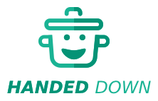 The Handed Down Logo, a green pot with a smiley face and the words "handed down" beneath it.