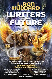 A dark skinned priestess protects the magical eggs of the Phoenix Bird as the cover for L. Ron Hubbard Presents Writers of the Future volume 36.