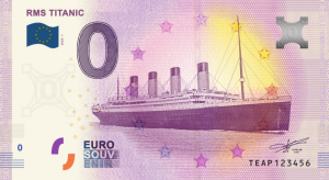This Euro souvenir banknote shows the RMS Titanic, the iconic ship that was built in Belfast and sank in 1912 after striking an iceberg. The Titanic is probably the best-known ship in the world