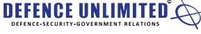 Blue colour wording "Defence Unlimited International", followed by a blue oval logo with two blue line crossing in the middle. The wording below in black colour - Defence- security- government relations
