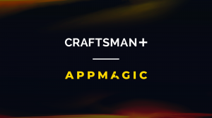 CRAFTSMAN+ and AppMagic logos displayed on a dark background with warm gradient accents, announcing their strategic AI creative intelligence partnership.