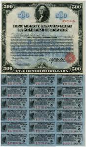 Washington, D.C. 1918, $500, United States of America, 4.25% First Liberty Loan Converted "Long" Coupon Bond. This is only the second $500.00 Liberty Loan bond ever seen by your cataloguer and the only one known to exist of this series. This exceedingly r