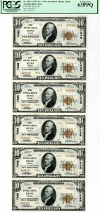 Reno, Nevada. 1929 Type 2, $10, Uncut Sheet of 6 Notes, Ch# 7038, S/N A006487 - A006492, Plate A-F 218/214, Jones | Woods signatures, PCGS graded Choice Uncirculated 63 PPQ. Rare as a sheet and in high grade.