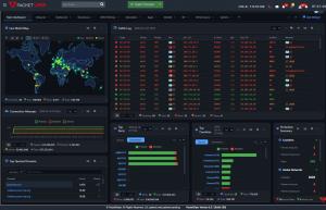 PacketViper 6.0 security dashboard showing real-time global threat map, traffic analysis, and live event feed with geo-IP attribution