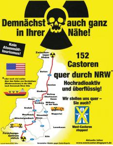 Poster against shipment of AVR spent fuel. No shipment of AVR spent fuel from Jülich to SRS or Ahuasto SRS or Ahaus