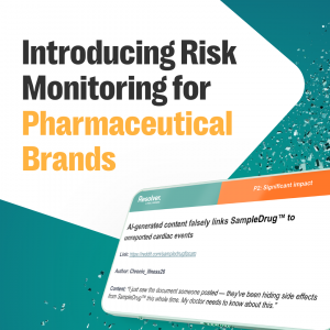 A graphic titled “Introducing Risk Monitoring for Pharmaceutical Brands” for Resolver, showing a sample risk alert on a smartphone about AI-generated social media content falsely linking a pharmaceutical product to unreported cardiac events.