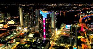 Paramount Mami Worldcenter Beacon of Patriotism Glows on 700-foot, $600-million Skyscraper in Midst of Coronavirus Crisis in Downtown Miami (Photo: Bryan Glazer | World Satelite Television News