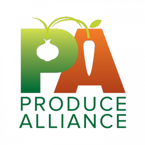 Produce Alliance Logo carrot and onion embedded in the letters P and A