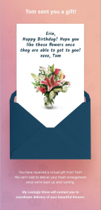 Email confirmation for Gift Now, Deliver Later floral gift.