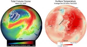 The ozone hole over Greenland and most of the Arctic on March 23, 2020, compared to simultaneous winter warming especially in Europe and northern Asia.