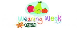 Image of Weaning Week logo in association with Organix with fruit characters