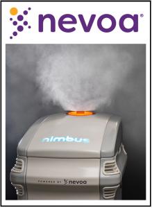 Nevoa’s robot, Nimbus, fogs Nevoa Microburst Solution to disinfect patient rooms, killing pathogens such as COVID-19.