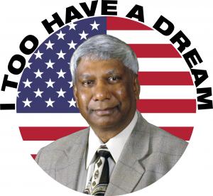 Krishnan Suthanthiran, President & Founder of TeamBest Companies & Best Cure Foundation pictured on flag background with "I Too Have a Dream" text around outside