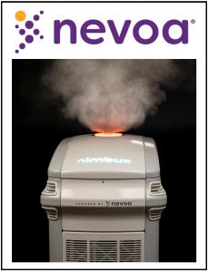 Nimbus, a disinfecting robot by Nevoa Inc., fogs Nevoa Microburst Solution to disinfect patient rooms, killing 99.8% of pathogens such as coronavirus.