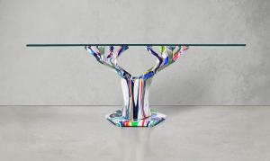 Edenic Design's finished Teâshí Coffee Table collaboration with artist Callen Schaub. Edenic and Callen are receiving commission requests from private collectors for new paintings of the Teâshí Coffee Table which, of which only 100 metal bases have been produced.
