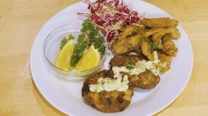This is a featured dish on the show that looks like fish cakes. But, it's jackfruit