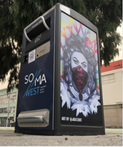 One of the local artist-designed Big Belly trash receptacles with technology via Rubbish QR codes on almost every corner of the SoMa West CBD.