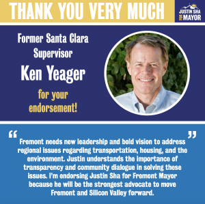 A photo of Ken Yeager is posted along with the quote: “Fremont needs new leadership and bold vision to address regional issues regarding transportation, housing, and the environment. Justin understands the importance of transparency and community dialogue