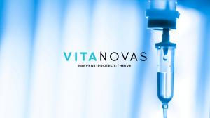 An IV Drip with  a blue and white background to the right of the VitaNovas Logo.