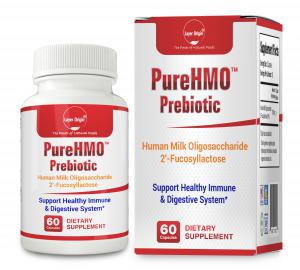 Red and white bottle of HMO Prebiotic supplement and box.