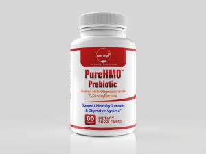 Red and white bottle of HMO Prebiotic supplement.