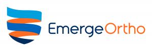 Multi-colored blue and orange shield with the words EmergeOrtho, business logo.
