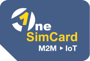 OneSimCard IoT logo depicting SIM card with OneSimCard logo graphics over a blue-gray background