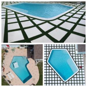 Elements Pools Palm Beach, Florida Photo of before and after pool renovation, resurfacing, new tiling, travertine pavers, synthetic turf and solar shelf