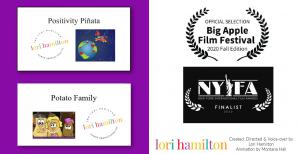 Logos for Big Apple Film Festival and New York International Film Awards with illustrations of potatoes with faces and a horse pinata and words Lori Hamilton