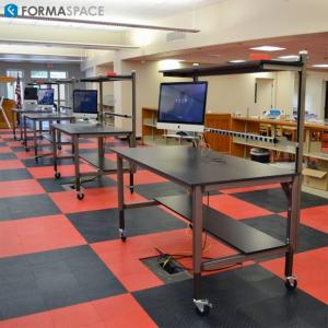 industrial-style workbenches makerspace