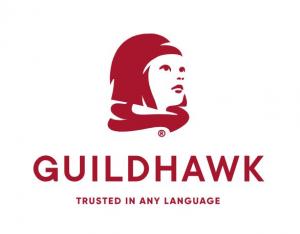 Guildhawk Registered Trade Mark Symbol of an Aspirational Girl wearing a flowing Red Scarf and the copyright name Guildhawk, beneath is the company motto Trusted in Any Language www.guildhawk.com