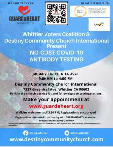 GUARDaHEART Partners with Whittier Voters Coalition and Destiny Community Church International to Offer No-Cost COVID-19 Antibody Testing