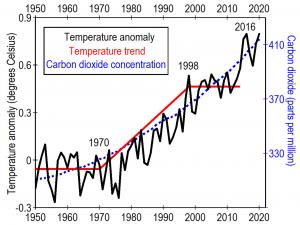 Carbon dioxide concentrations (dashed blue line) have increased steadily while annual average temperature anomalies (black line) changed very little from 1950 to 1970 and from 1998 to 2014 (red line).