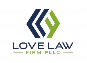 Love Law Firm logo with blue Ls and a green F in a stylized diamond