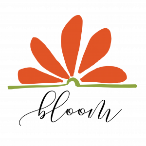 BLOOM Imprint's logo depicts the pages of an open book as stylized flower petals