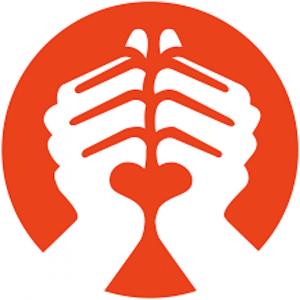Reach Out Together's logo, "together" in American Sign Language, in an orange circle, to represent our goal: healing the world together.
