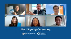 Mr Zen Koh (top left) and Prof Aaron Thean (top middle) at the virtual MOU signing ceremony. Witnessed by Assoc. Prof Chew Chee Meng from the NUS Department of Mechanical Engineering (top right), (bottom, from left) Ms Sandra Lee, Ms Sarah Lim, and Mr Choo Chye Low.