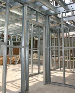 Each cold formed steel part is affixed in the appropriate location to create the complete roof truss, stud, track and floor joist system before the utilities are put in place and the coverings applied.