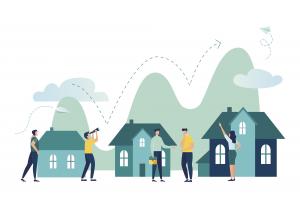 illustration of homes with people in front of it and arrow bouncing upwards