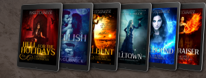 Hell Chronicles series pictured in ereader devices, including the titles Hell for the Holidays, Hellish, Hellbent, Helltown, Hellbound, and Hellraiser