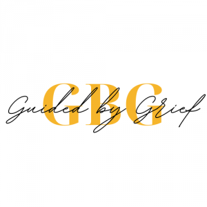 This is the logo for Guide by Grief and includes the phrase "Guided by Grief" in black script font as on overlay on top of the letters GBG in yellow font.