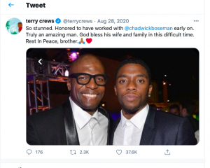 Photo of Terry Crews with Chadwick Boseman, Tweeted by Crews after learning of Boseman's death