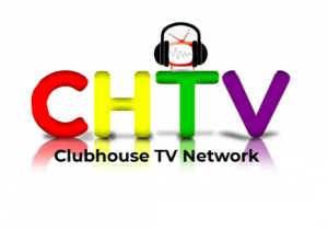 Colorful logo for Clubhouse TV Network featuring call letters for the network  (CHTV ) and a small television wearing earphones standing on top of the letter T.