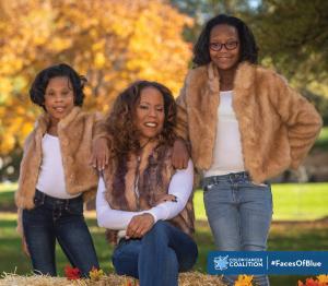 Image: photo of Doreen Hogan and her girls. Doreen is a colorectal cancer survivor and shared her story for the Colon Cancer Coalition's Faces of Blues story series. The image also includes the Colon Cancer Coalition logo and the hashtag #FacesOfBlue