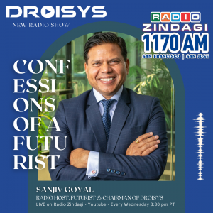 A picture of Sanjiv is shown with the words Confessions of a Futurist, along with a logo of Radio Zindagi.