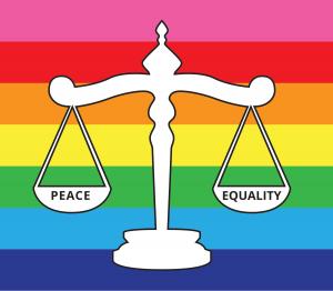 A LGBTQIA+ Rainbow block embedded with the Scales of Justice balancing Peace and Equality