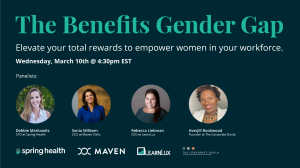 Event banner shows benefits leaders from LearnLux, Maven, Spring Health and The Corporate Doula who are teaming up for a digital event in celebration of International Women's Day 2021