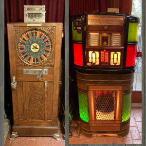 Left: Johnnie Bull Upright - Earliest Known Slot Machine. 1894 to Early 1900 Era. Right: 1939 Rockola Counter Model 39 Jukebox with Rare Stand